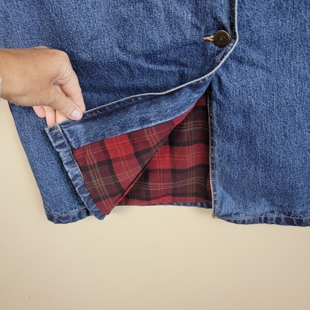 Eddie Bauer Vintage Flannel Lined Jean Skirt Long Denim Button Down Plaid Y2K - Picture 5 of 14